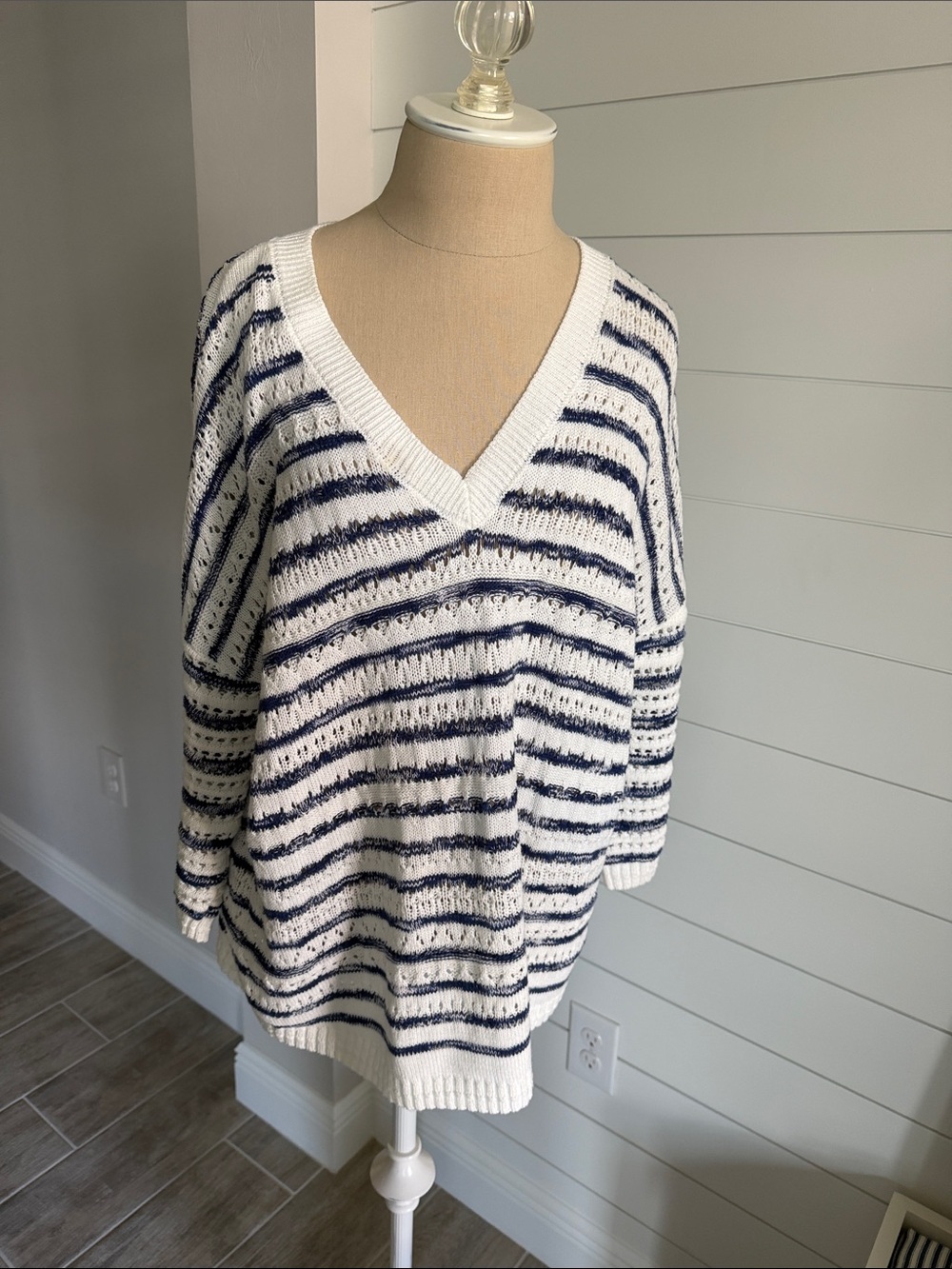 CAbi Peace Pullover White V-Neck Sweater with Navy Stripes
